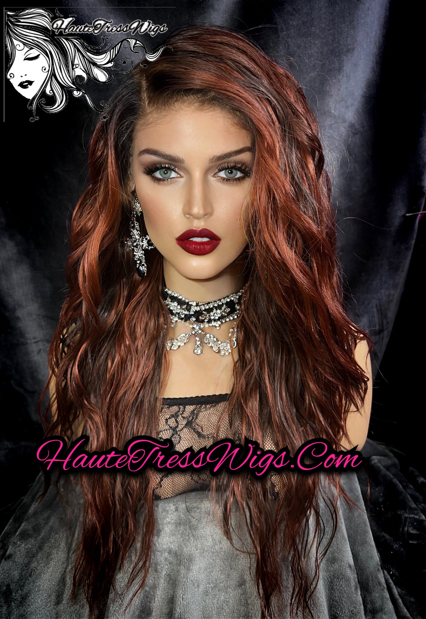 Callina - Red brown Mix, Reddish Brown, Beach Waves, Balayage, Dark Root, HD Transparent Lace, Human Hair Blend, Realistic Hairline, Bombshell, Lace wig