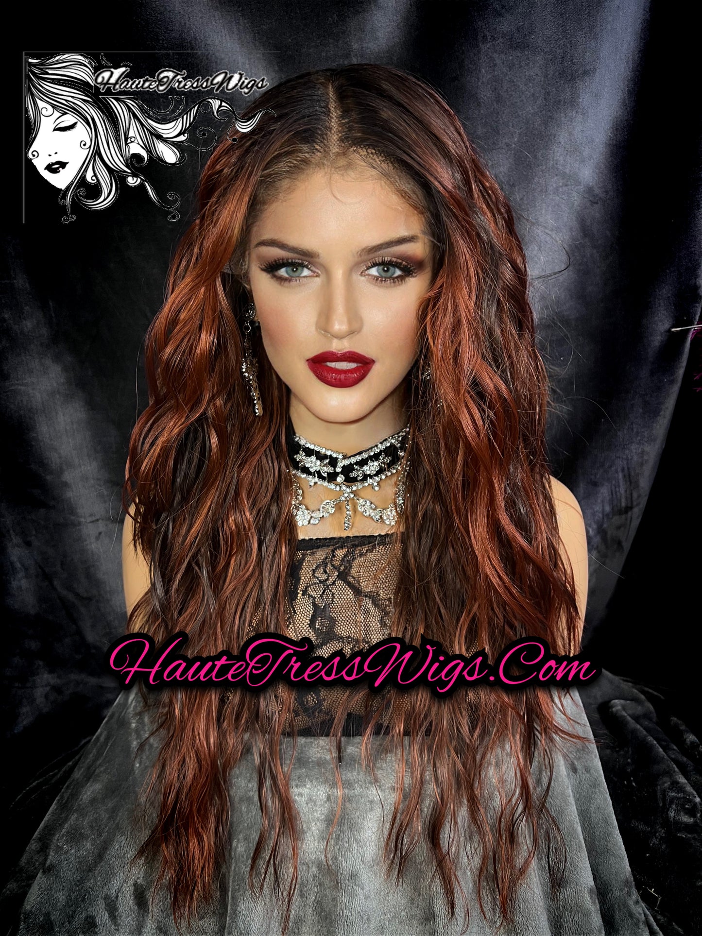 Callina - Red brown Mix, Reddish Brown, Beach Waves, Balayage, Dark Root, HD Transparent Lace, Human Hair Blend, Realistic Hairline, Bombshell, Lace wig