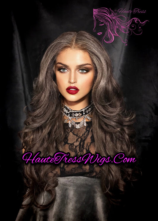 Brown Gray Mix, Salt & Pepper Brown, Layered Brown Wig, Bombshell Wig, Human Hair Blend, Heat Safe, Pre-Plucked Hairline, Lace Front Wig