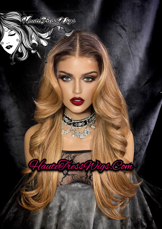 Brown Root, Honey Blonde, Ombre , Balayage, Pre-Plucked, Human Hair Blend, Layered, HD/Transparent Lace,  Lace Front Wig - A Taste Of Honey