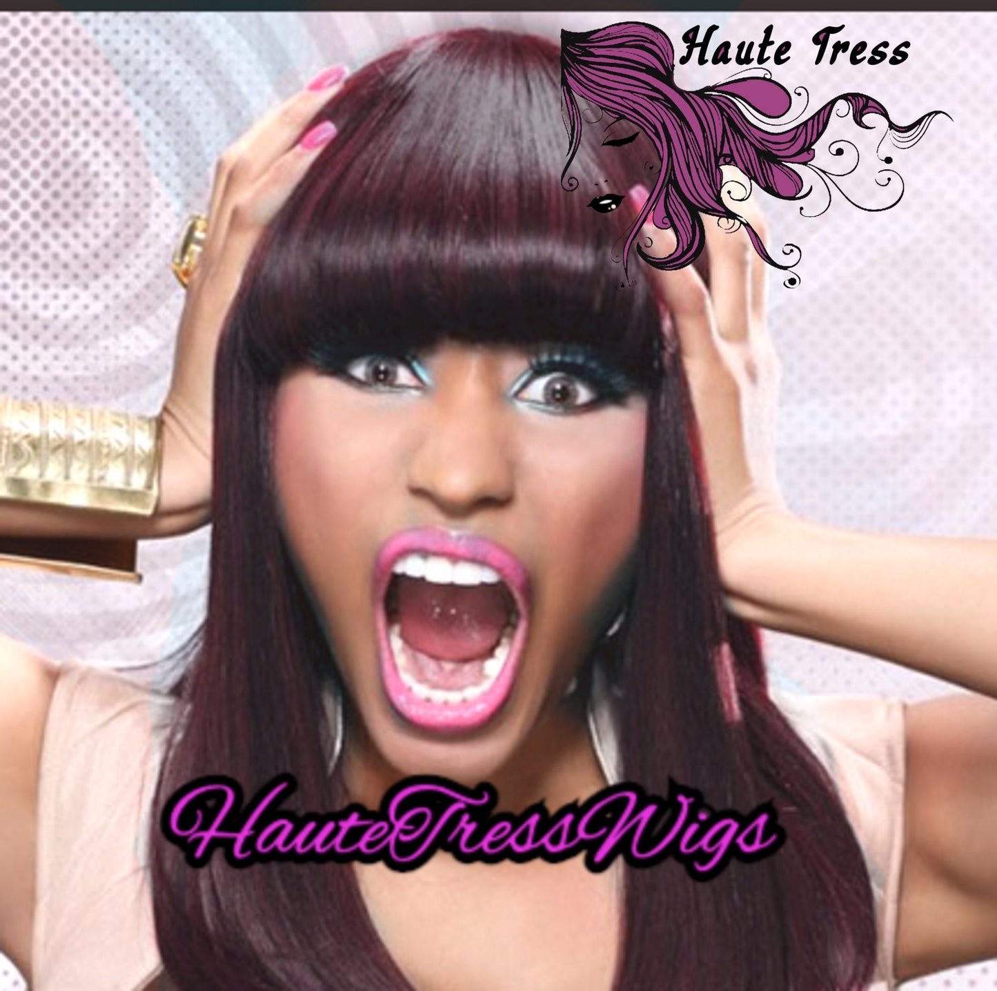 Nicki Minaj 2 tone Dark Plumb and Burgundy Fringe Bangs China Bang Human Hair Blend Wig