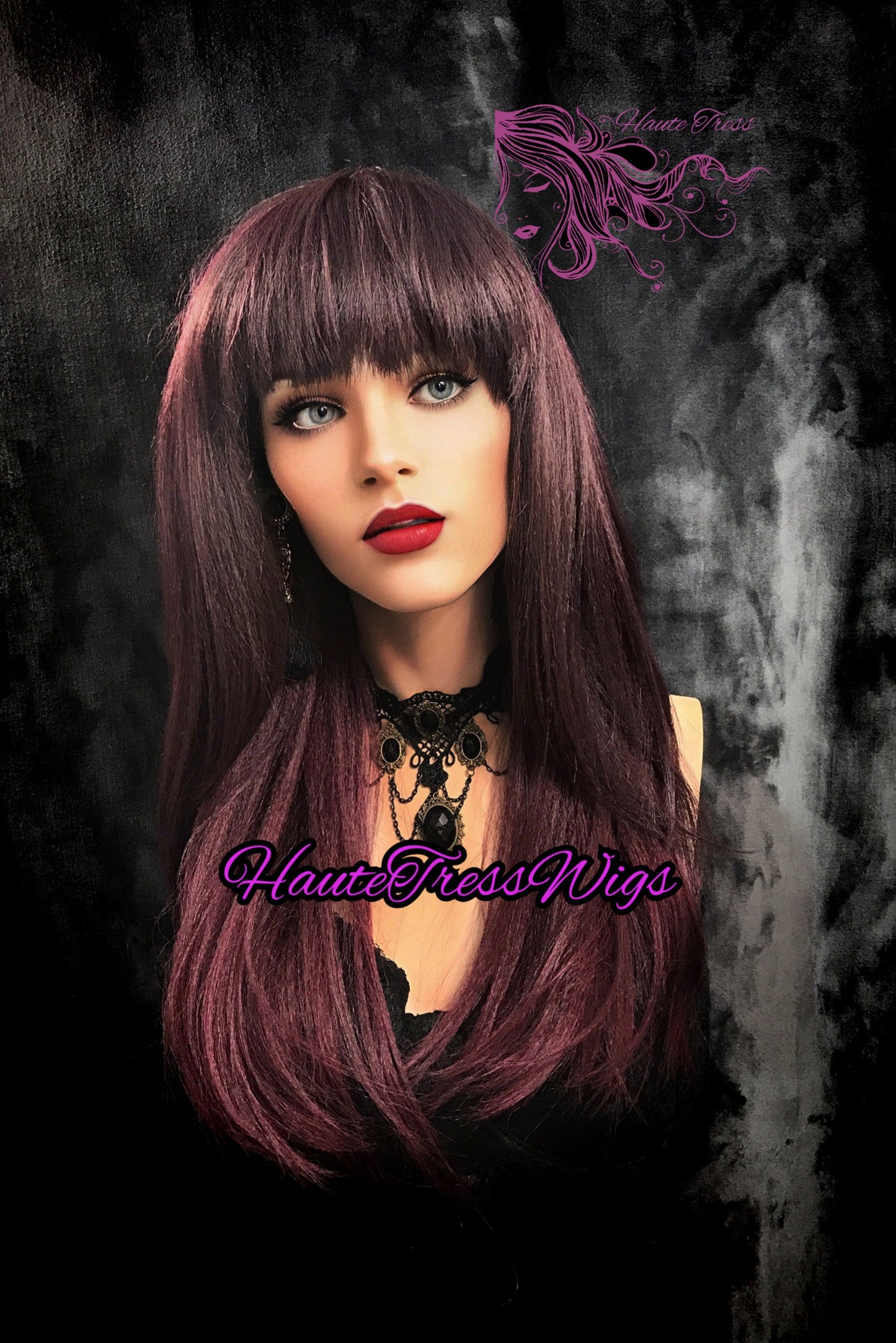 Nicki Minaj 2 tone Dark Plumb and Burgundy Fringe Bangs China Bang Human Hair Blend Wig