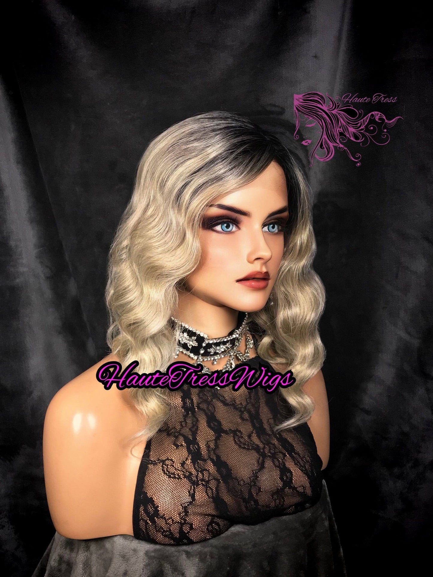 Retro Waves, Finger Wave, Blonde, Human Hair Blend, Dark Root, Blonde Bob, Heat Safe, Ash Blonde, Lace Front Wig, Flapper Wig, 20s Wig