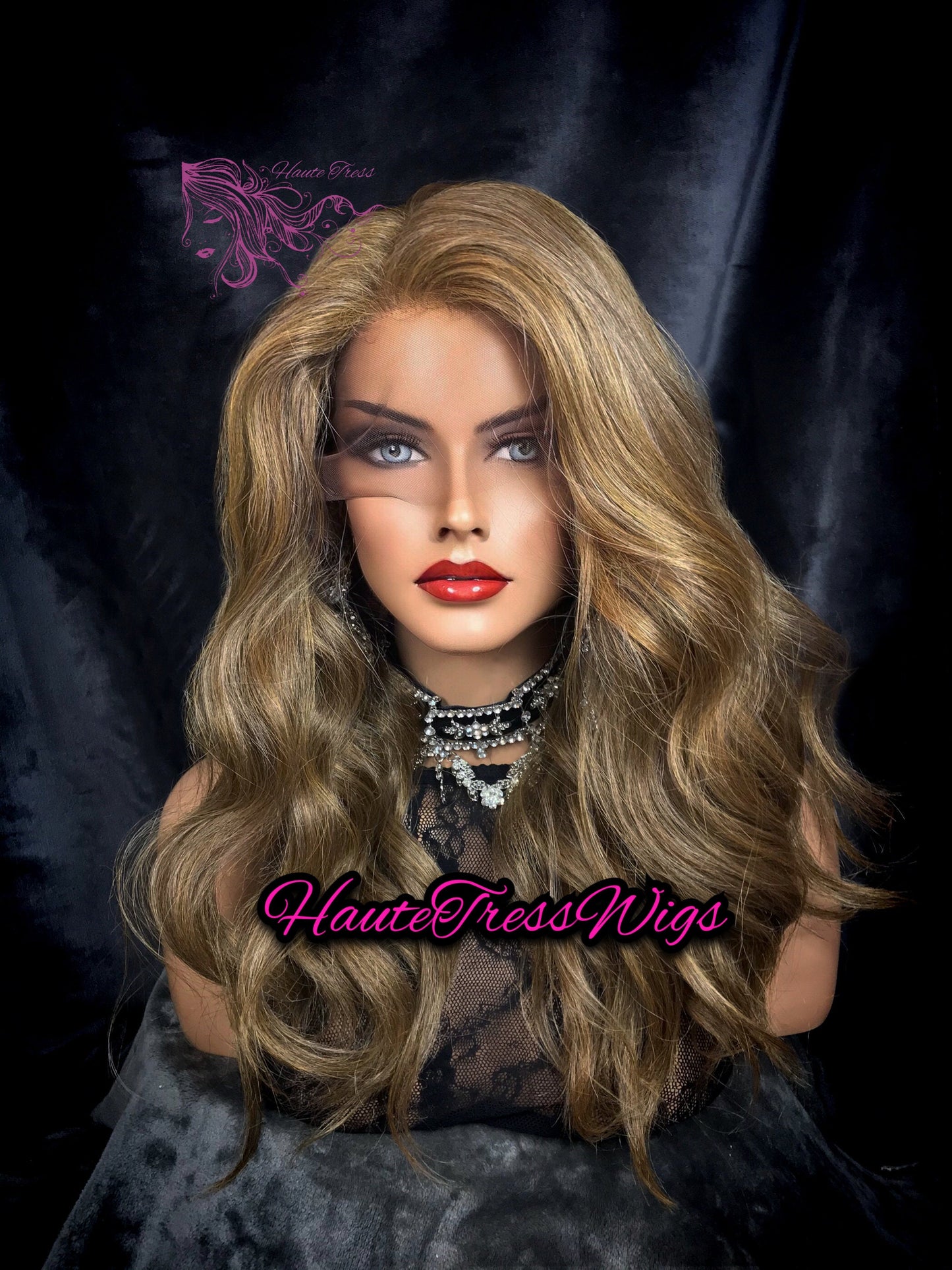 Medium Blonde, Sandstone Blonde, Frosted Blonde, Highlights, Blonde Wavy, Human Hair Blend,  Heat Safe, Free Parting, Whole Lace Wig