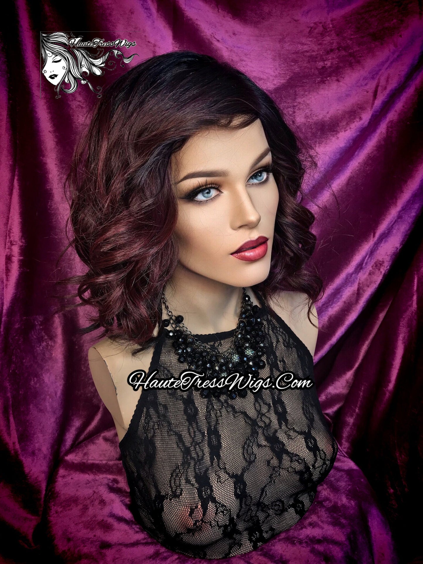 Burgundy Multitone Bob, Red Bob, Burgundy Bob, Burgundy Wig, Wavy Wine Wig,  Human Hair Blend, Beach Waves, Tussled Bob, Lace Part Wig