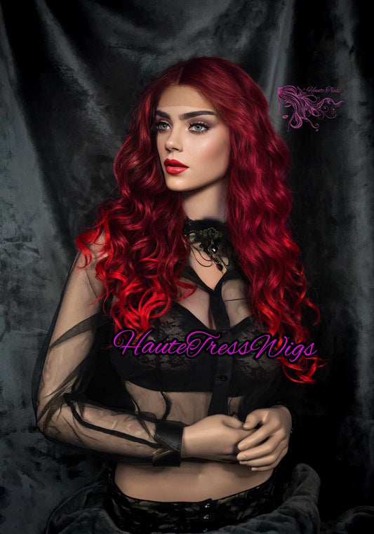 Vibrant Red Ombre Wig, 2 Tone Human Hair Blend, Lace Front Wig, Little Mermaid Wig, Heat Safe wig,  Ariel Wig, Wavy Red Lace Wig, Beach Wave