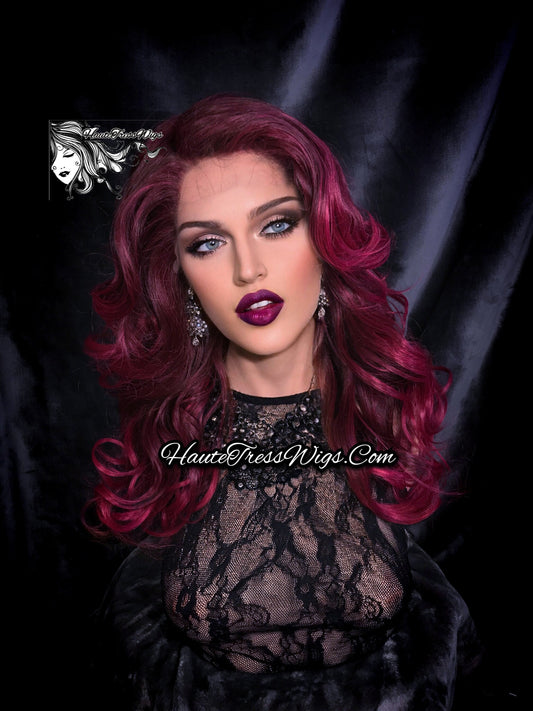 Fuchsia, Hot Pink,  Layered, Retro Waves,  Heat Safe, Pink Balayage,  Pastel Wig, Bombshell Wig, Human Hair Blend, Lace Front Wig  -  Inyka