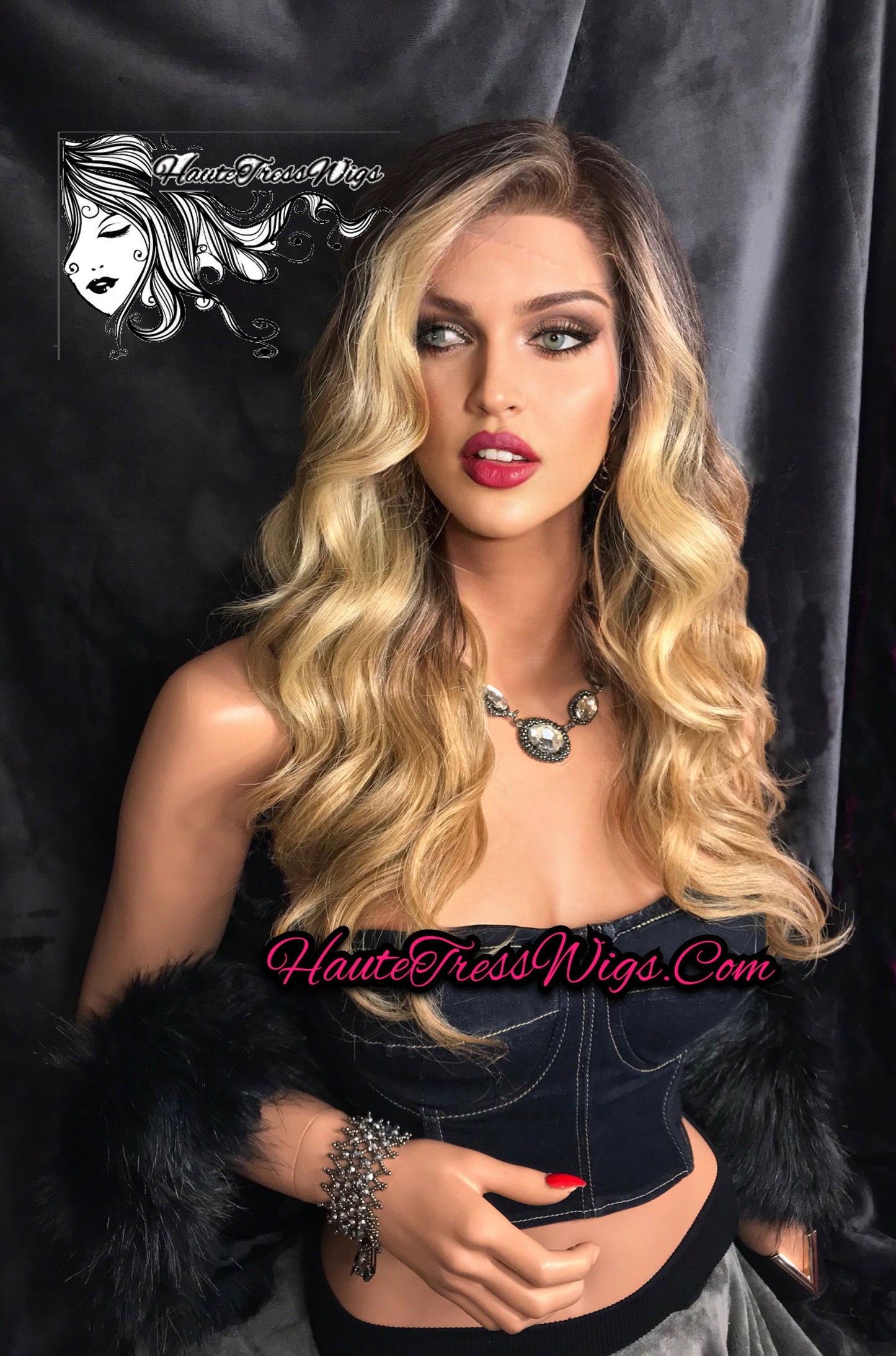 Money Piece Blonde, Face Framing, Balayage, Ombre, Wavy, Retro, Human Hair Blend, HD Transparent Lace,  Lace Front Wig - Bubbles