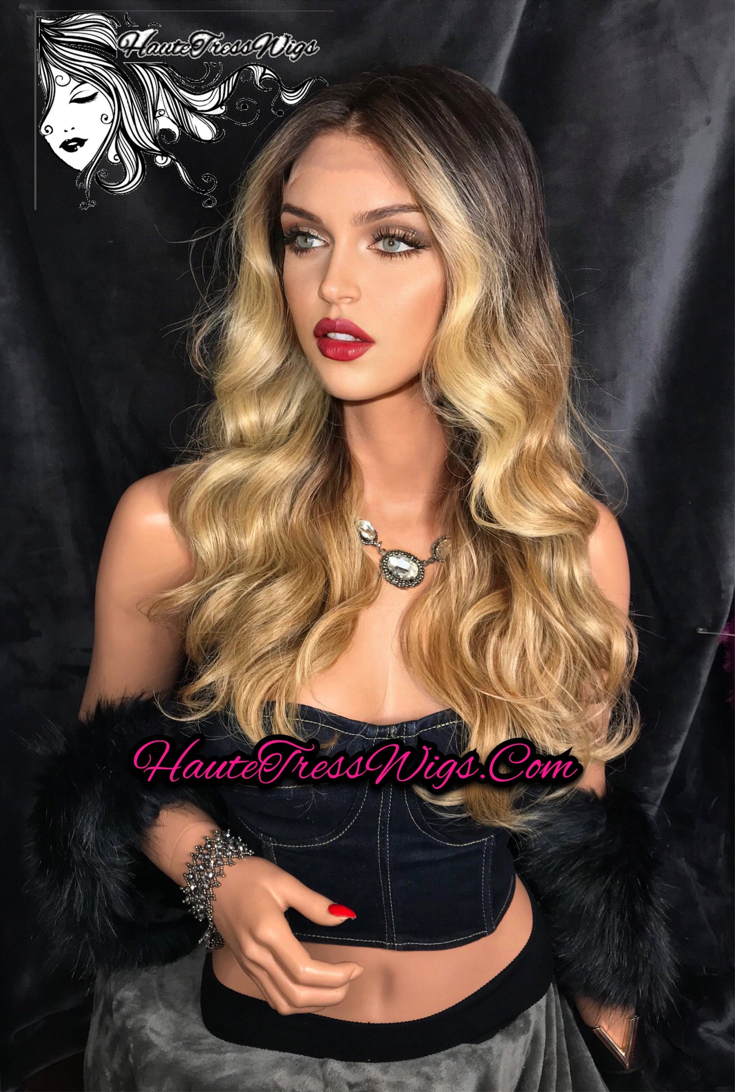 Money Piece Blonde, Face Framing, Balayage, Ombre, Wavy, Retro, Human Hair Blend, HD Transparent Lace,  Lace Front Wig - Bubbles