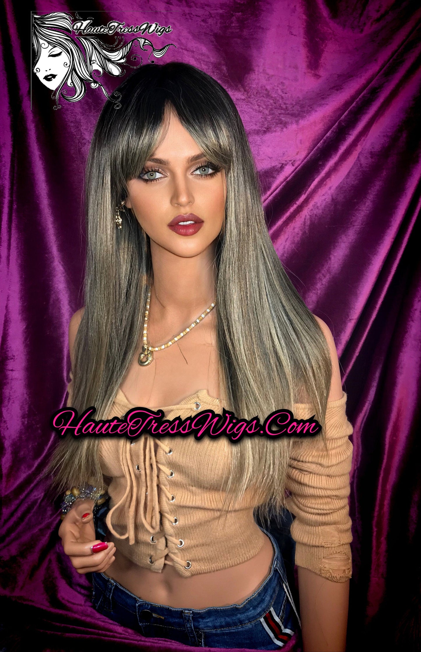 Fringes, Balayage Ash Blonde, Bangs,  Blonde Mix, China Bangs, highlights, Lowlights, Human Hair Blend, Heat Safe, Realistic Wig, - Vasteras