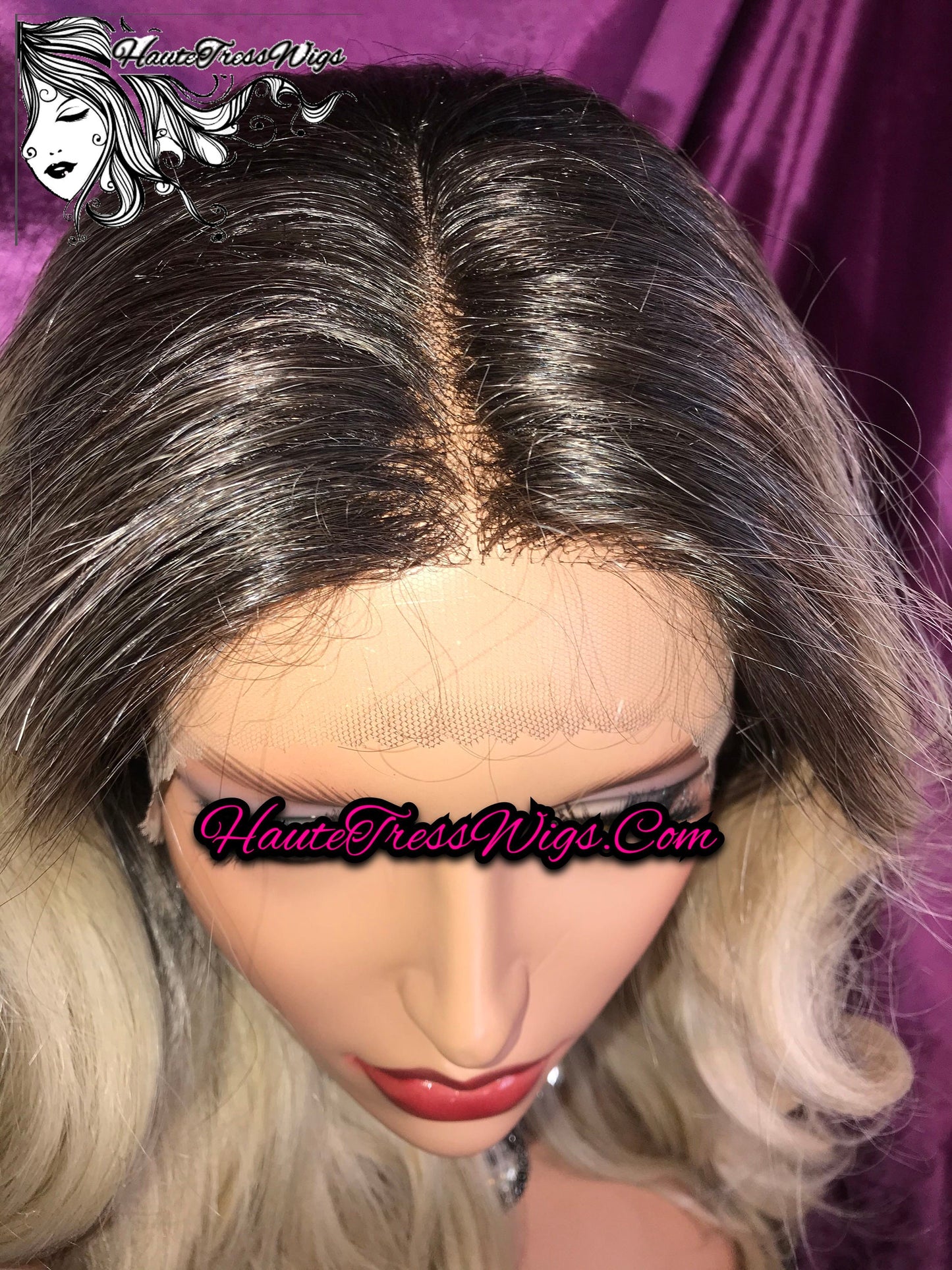 Platinum Blonde,  Dark Root, Rooted  Blonde, Light Blonde, Ombre, Wavy, Retro, Human Hair Blend, HD Transparent Lace, Lace Front Wig - Fizz