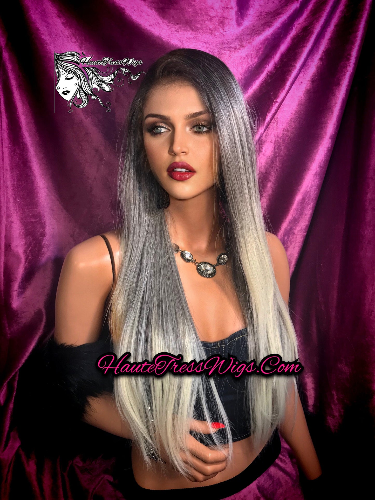 Balayage Silve Blonde, Ombre Blonde, Brown Root, Pre-Plucked,  Bombshell Wig, Human Hair Blend, Lace Front Wig