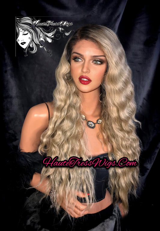 Balayage Blonde, Ash Blonde, Ombre Blonde, Dark Root, Spanish Wave, Beach wave, Wavy, Human Hair Blend, Bombshell Wig,  Lace Front Wig