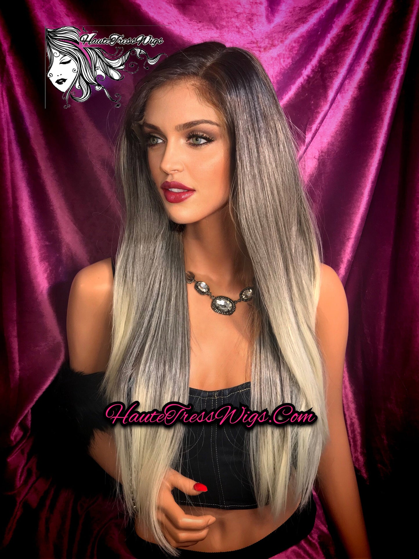 Balayage Silve Blonde, Ombre Blonde, Brown Root, Pre-Plucked,  Bombshell Wig, Human Hair Blend, Lace Front Wig