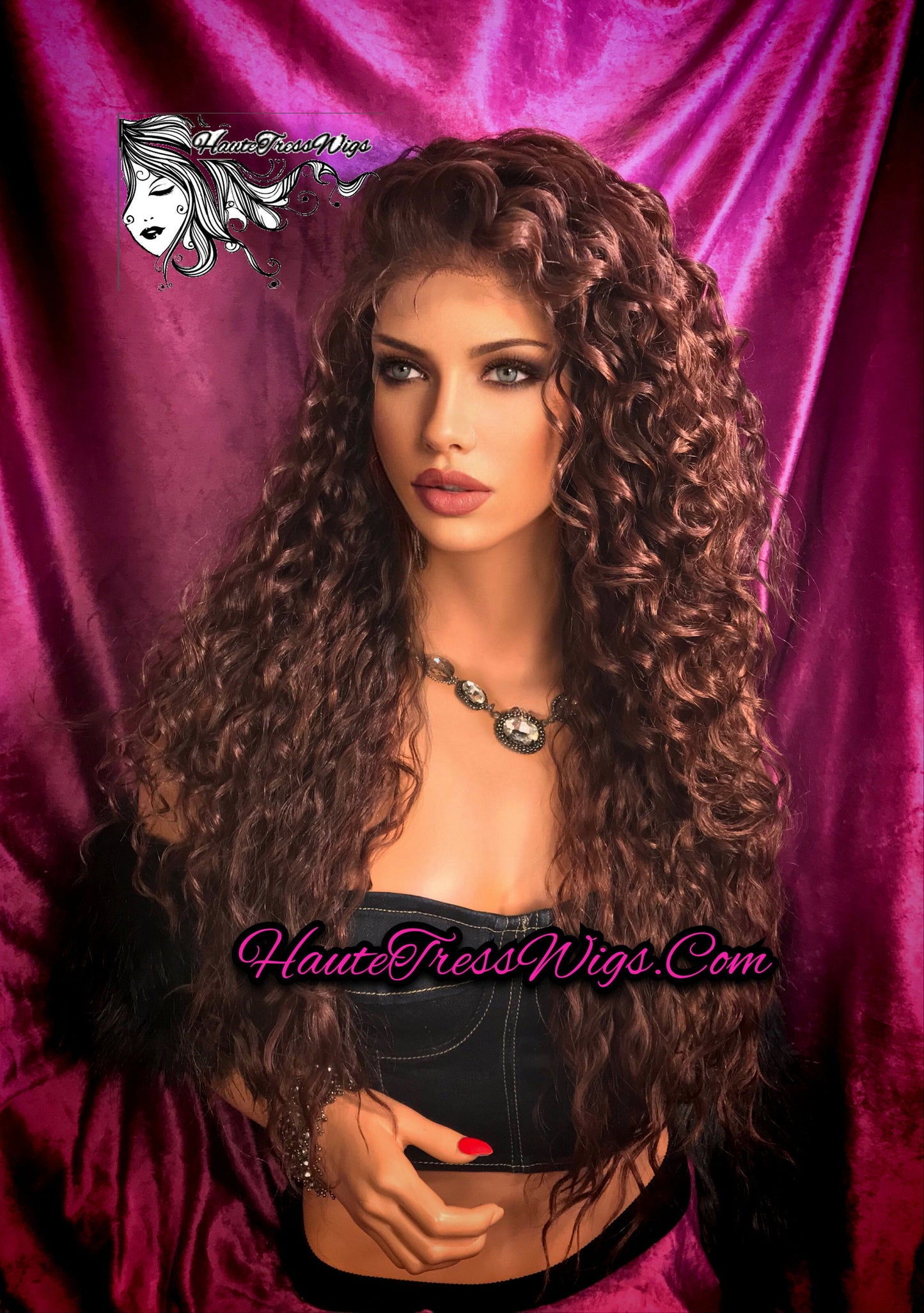 Curly, Wavy, Spanish Wave, Reddish Brown, Dark Auburn,  Pre-Plucked Hairline, Free Parting,Human Hair Blend, Bombshell Wig,  Lace Front Wig