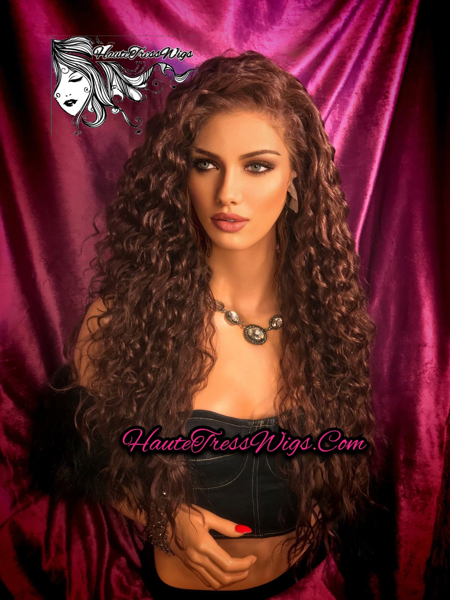 Curly, Wavy, Spanish Wave, Reddish Brown, Dark Auburn,  Pre-Plucked Hairline, Free Parting,Human Hair Blend, Bombshell Wig,  Lace Front Wig