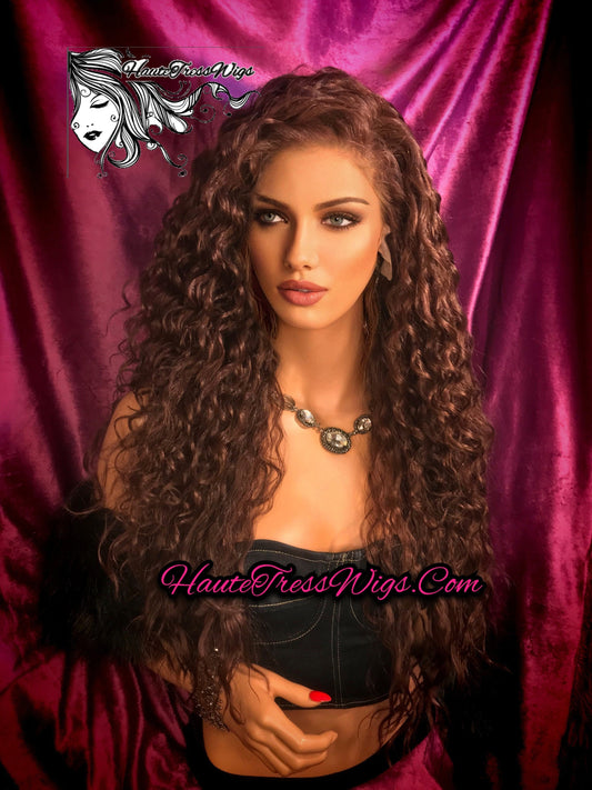 Curly, Wavy, Spanish Wave, Reddish Brown, Dark Auburn,  Pre-Plucked Hairline, Free Parting,Human Hair Blend, Bombshell Wig,  Lace Front Wig