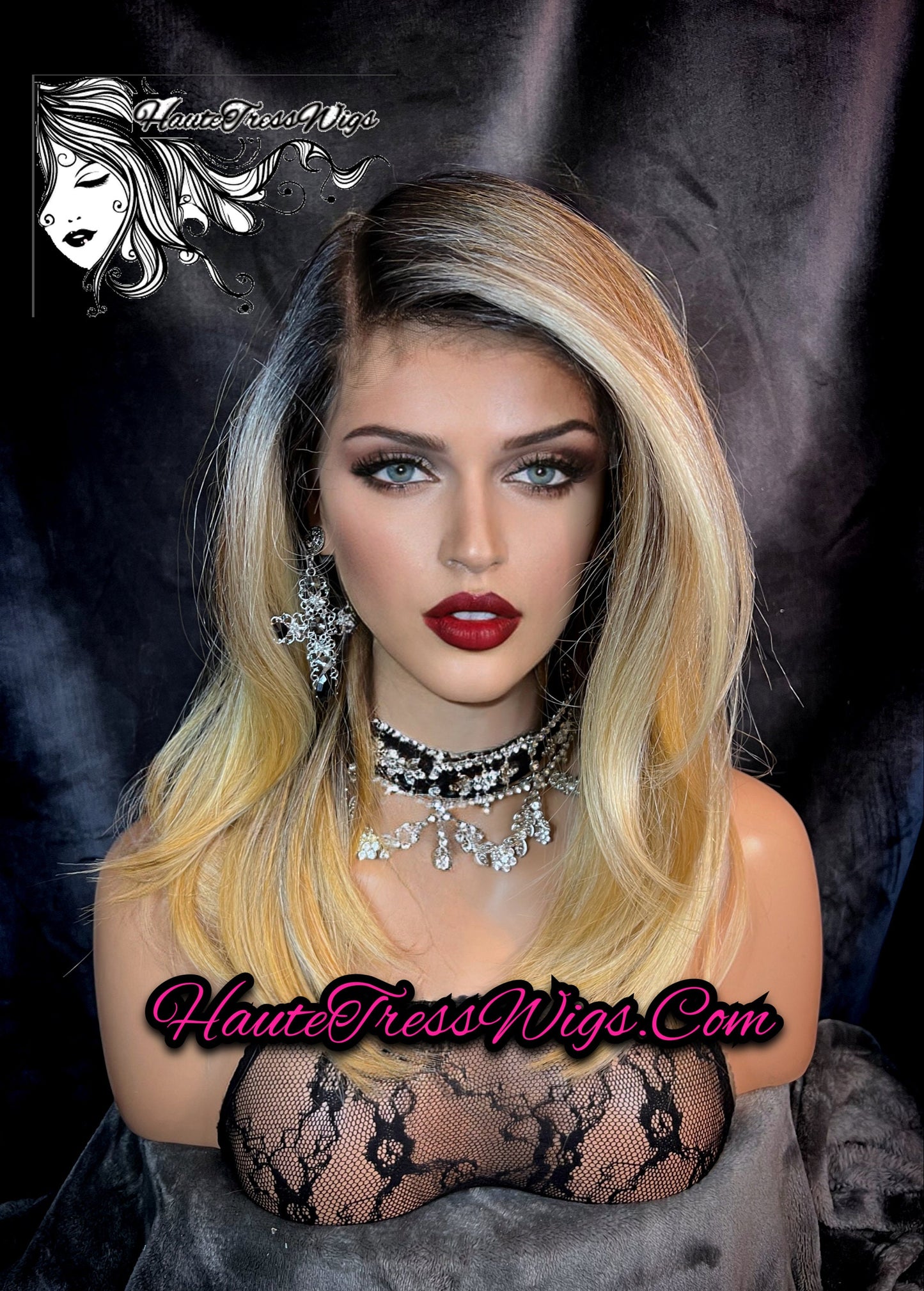 Money Piece, Balayage, Ombre, Dark Root, Blonde,  Heat Safe,  Face Framing,  Realistic,  Human Hair Blend, Lace Front Wig, Bombshell Wig