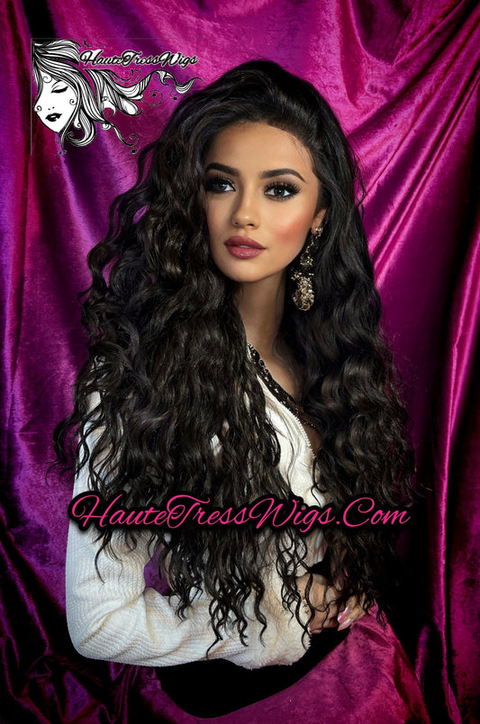 Wavy Black, Beach Waves, Free Parting, Realistic, Bombshell Wig, Human Hair Blend, Heat Safe, Curly, Witch, Lace Front Wig, Spanish Wave