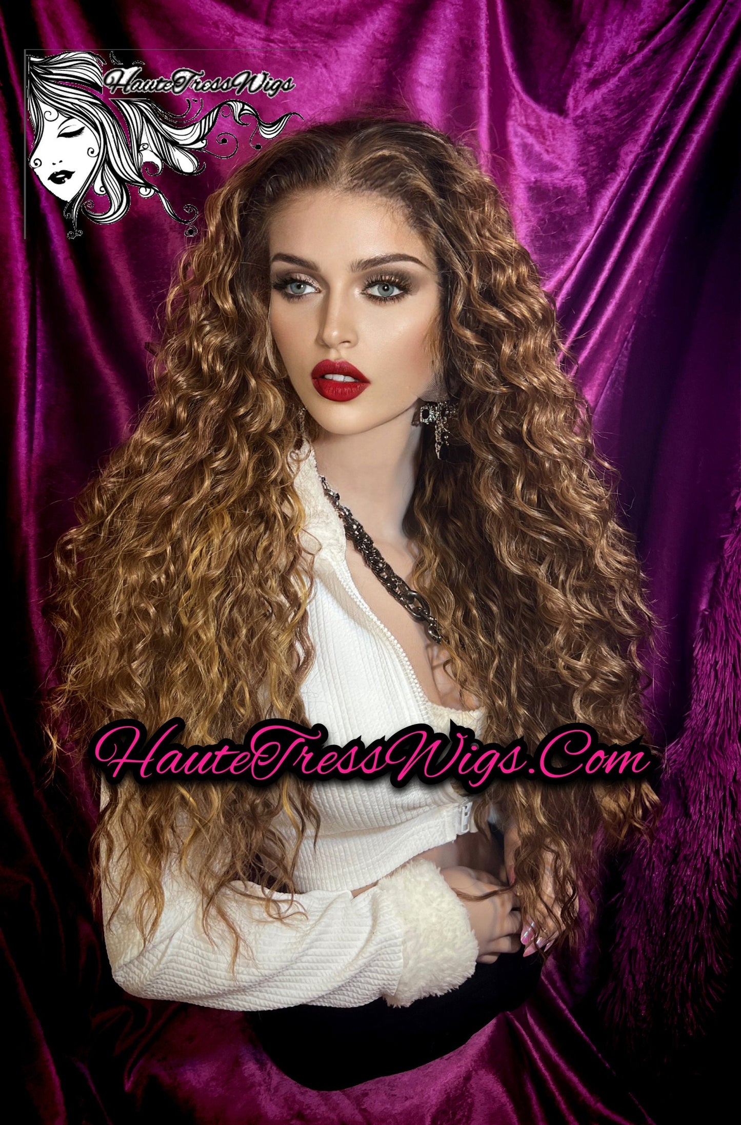 Spanish Wave, Curly, Wavy, Balayage, Toffee Blonde, Brown Blonde Mix, Free Parting, Pre-Plucked Hairline, Human Hair Blend, Lace Front Wig