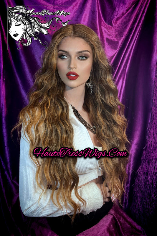 Balayage Caramel, Beach Wave, Wavy,  Bombshell Wig, Auburn Wig, Honey Blonde, Heat Safe, Human Hair Blend,Realistic Wig, Lace Front Wig