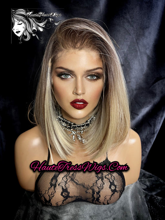 Balayage Blonde, Brown Root, Ombre, HD Lace, Transparent Lace, Pre-Plucked Hairline, Free Parting, Human Hair Blend , Bob, Lace Front Wig