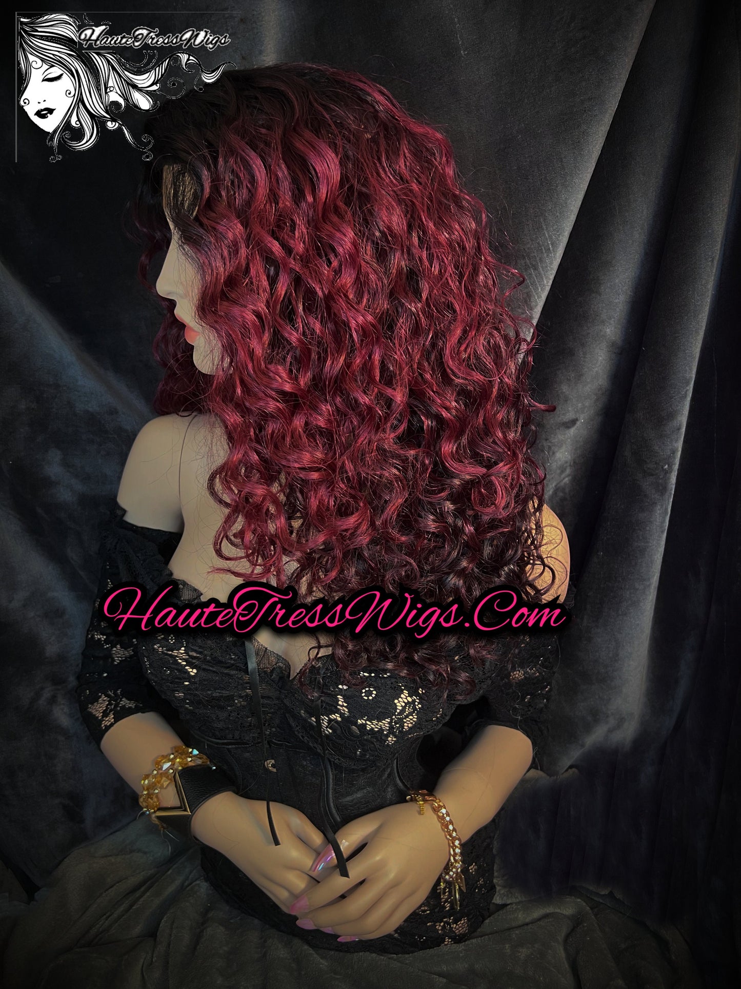 Ombre, Burgundy, Wine, Red, Curly, Dark Root, Lace Front Wig, Bombshell Wig, - Melondria