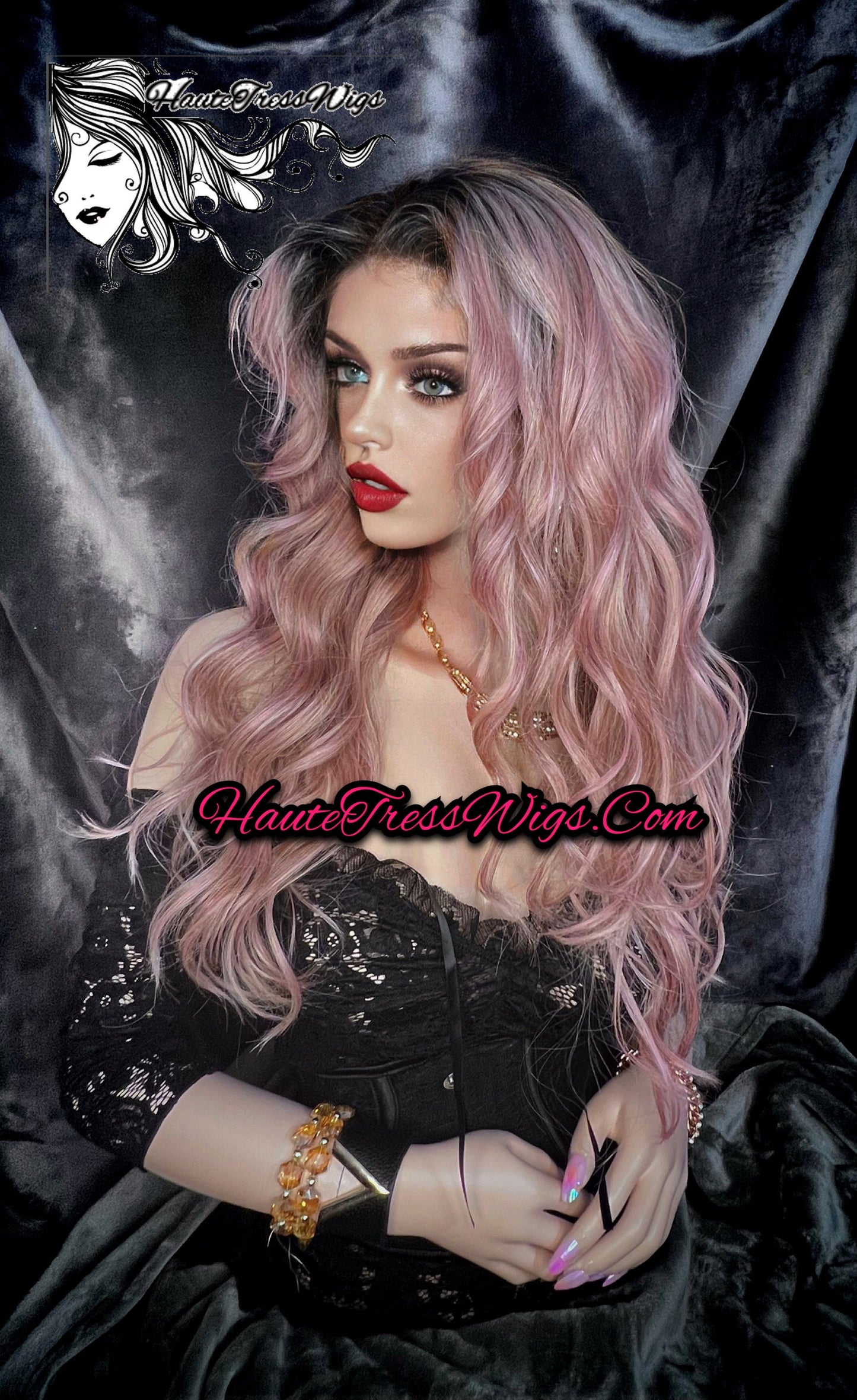 Balayage Pink, Pink Highlights, Pink Mix, Dark Root, Ombre, Coral Pink, Peach Curly, Wavy, Beach wave, Free Parting, Lace Front Wig