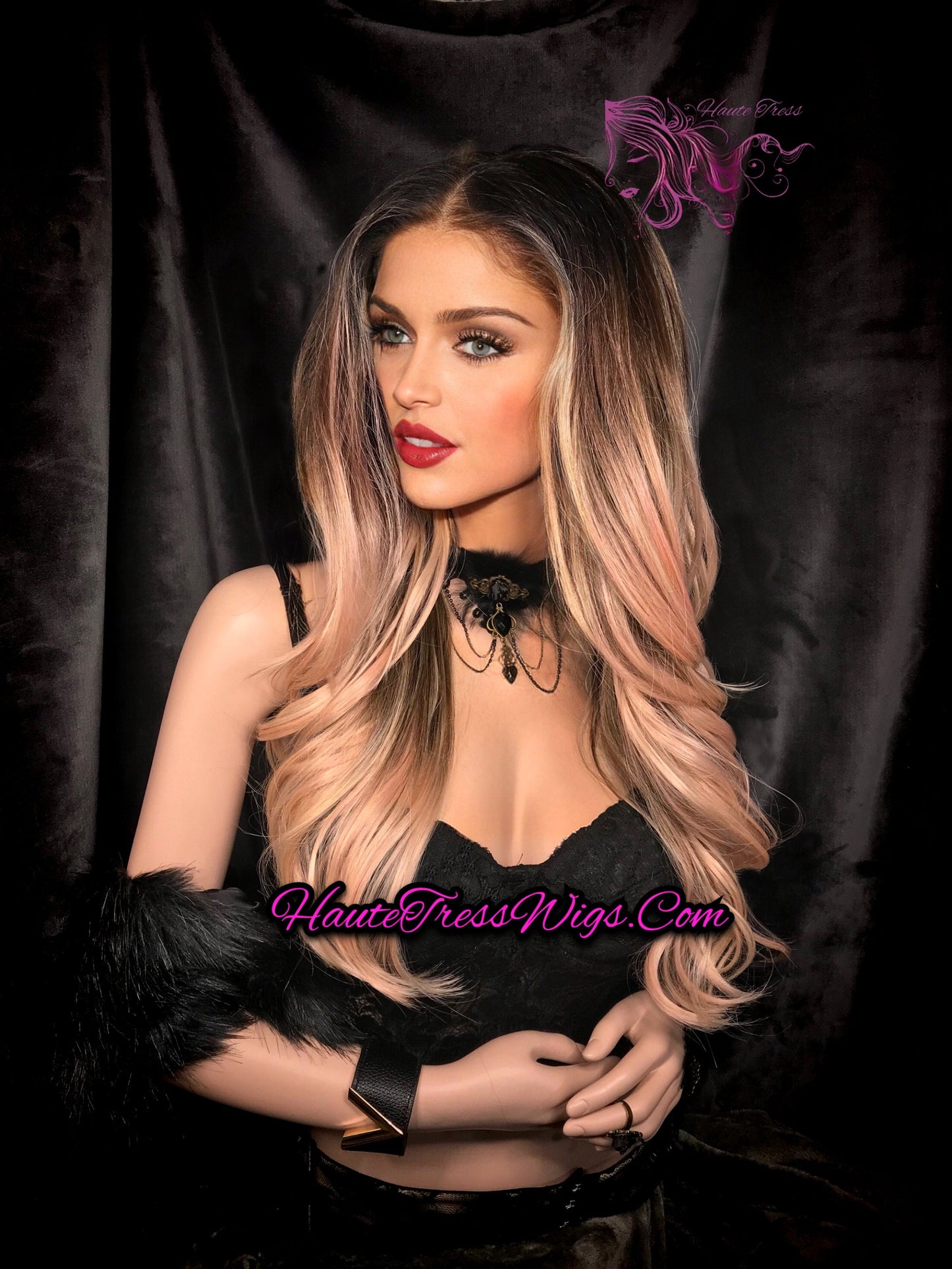 Balayage Pink, Balayage, Ombre, Peach Blonde, Money Piece, Face Framing Pink, Pre-Plucked, Human Hair Blend, Heat Safe, Lace Front Wig