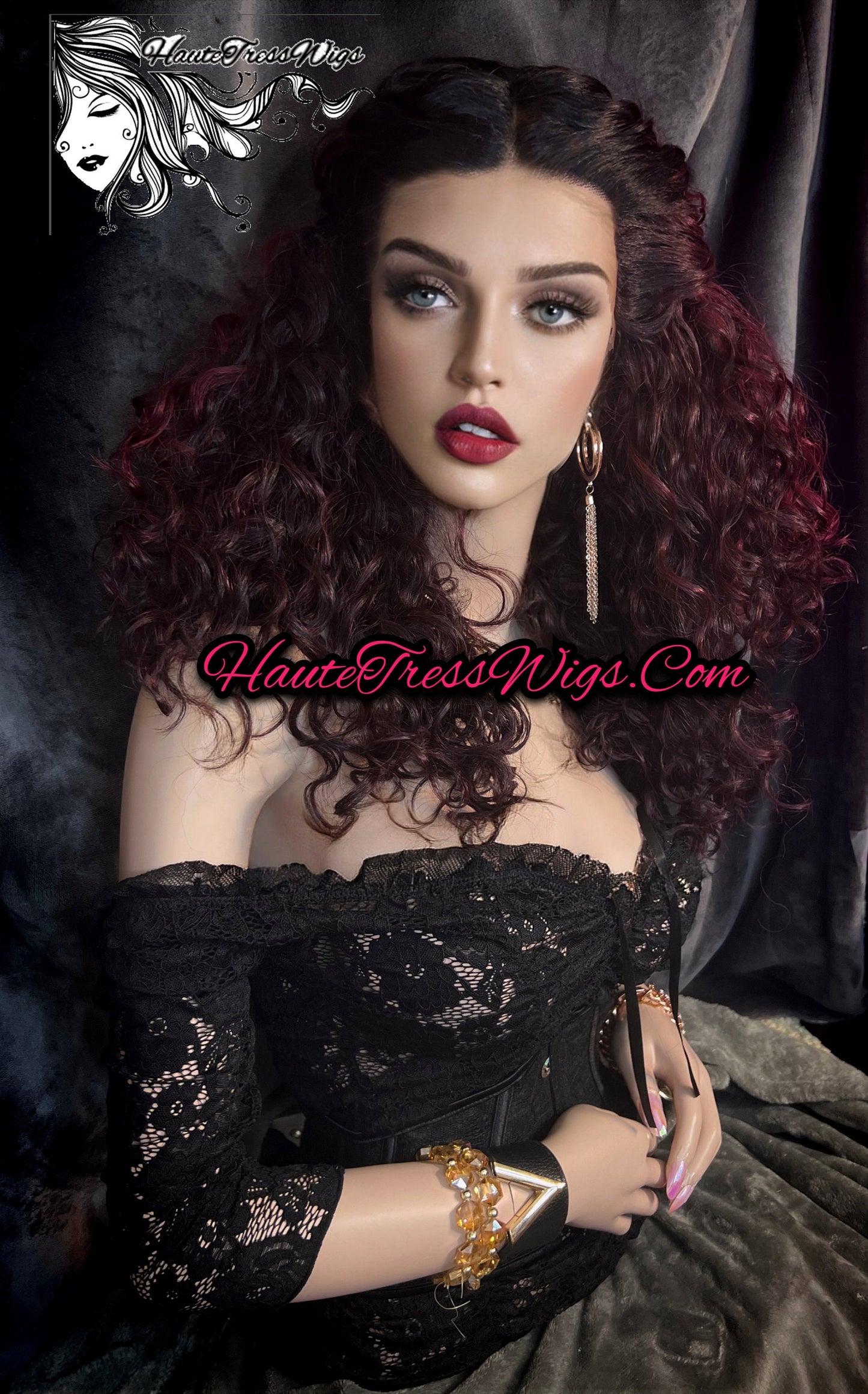 Ombre, Burgundy, Wine, Red, Curly, Dark Root, Lace Front Wig, Bombshell Wig, - Melondria