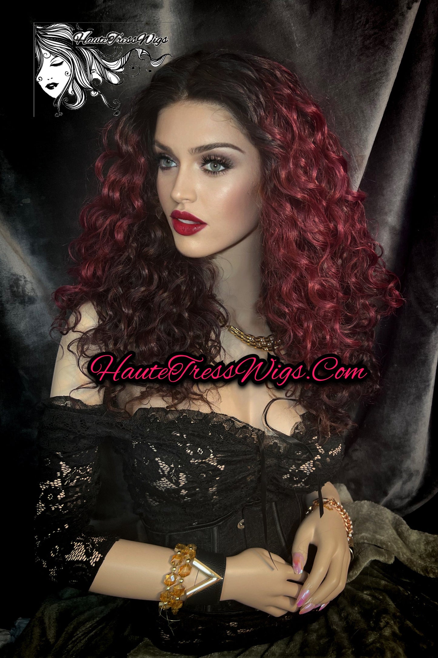 Ombre, Burgundy, Wine, Red, Curly, Dark Root, Lace Front Wig, Bombshell Wig, - Melondria