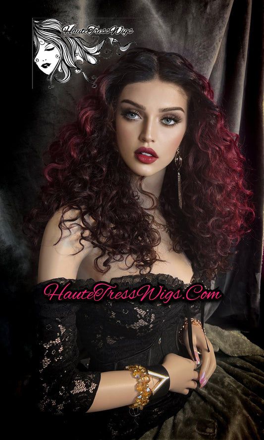 Ombre, Burgundy, Wine, Red, Curly, Dark Root, Lace Front Wig, Bombshell Wig, - Melondria