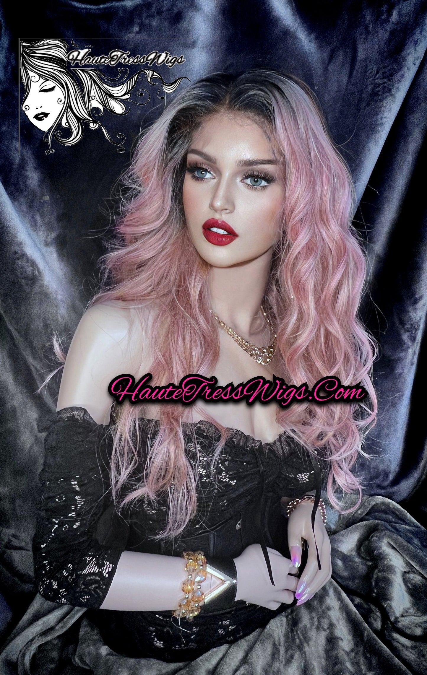 Balayage Pink, Pink Highlights, Pink Mix, Dark Root, Ombre, Coral Pink, Peach Curly, Wavy, Beach wave, Free Parting, Lace Front Wig