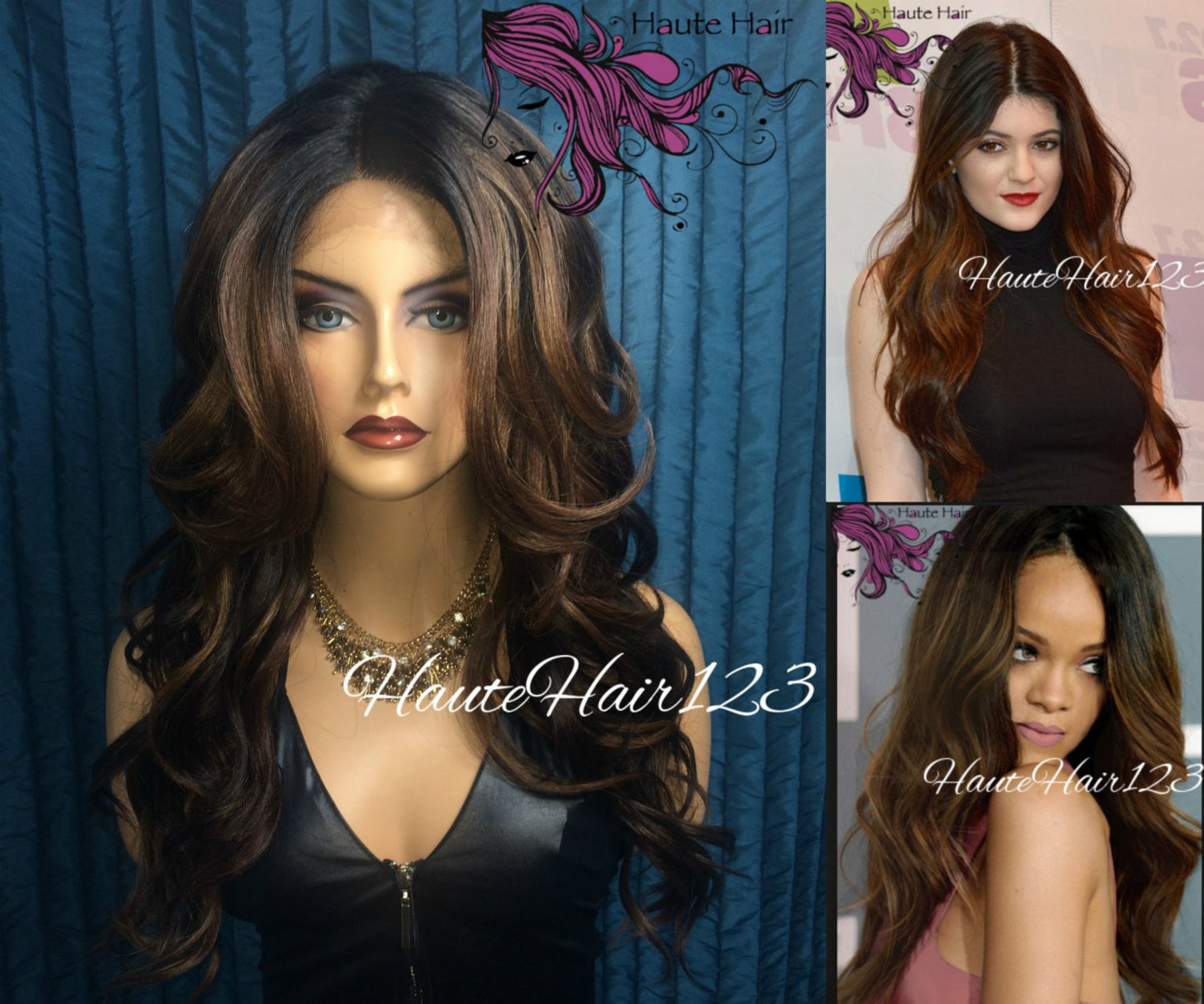 Kylie Jenner Rihanna Inspired Soft Waves Brown blonde Highlights, Bombshell Wig,  Balayage, Ombre Realistic Human Hair Blend Lace Front Wig